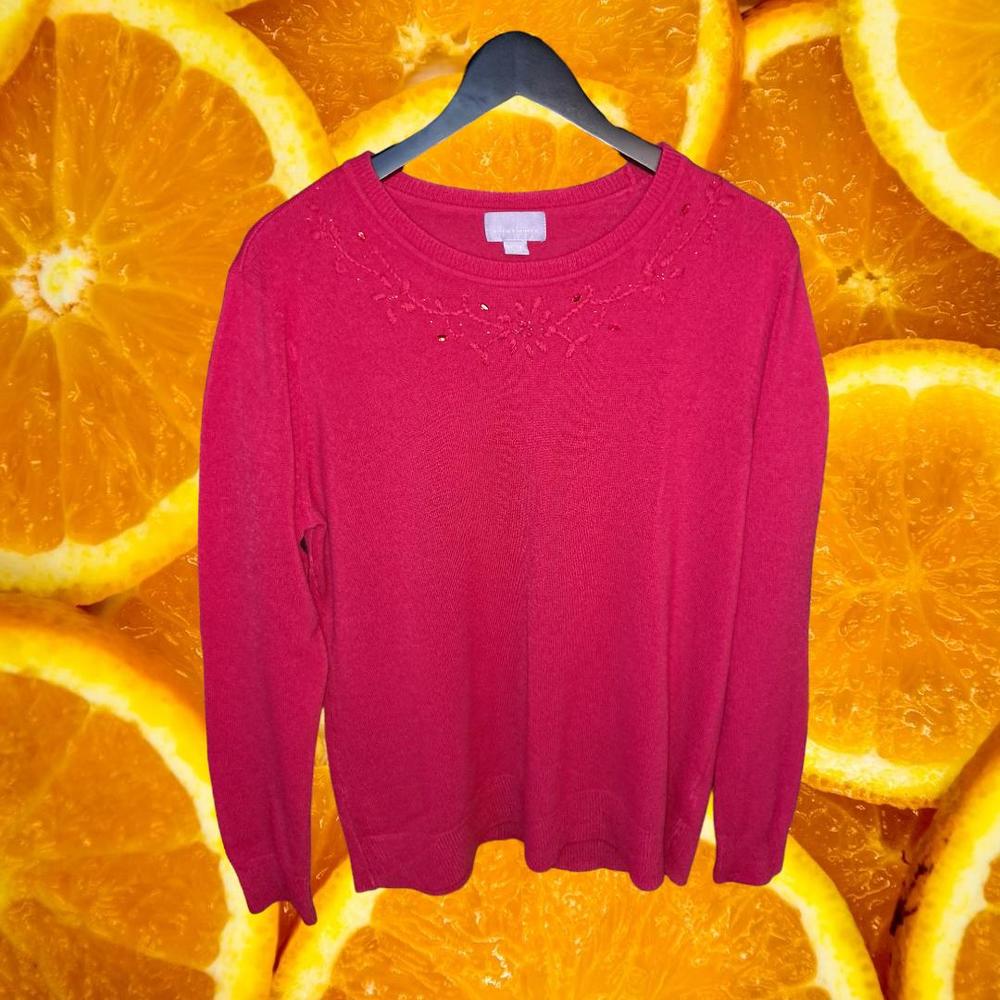 Laura Scott Red Crew Neck Sweater with Snowflake Gem Design Size XL